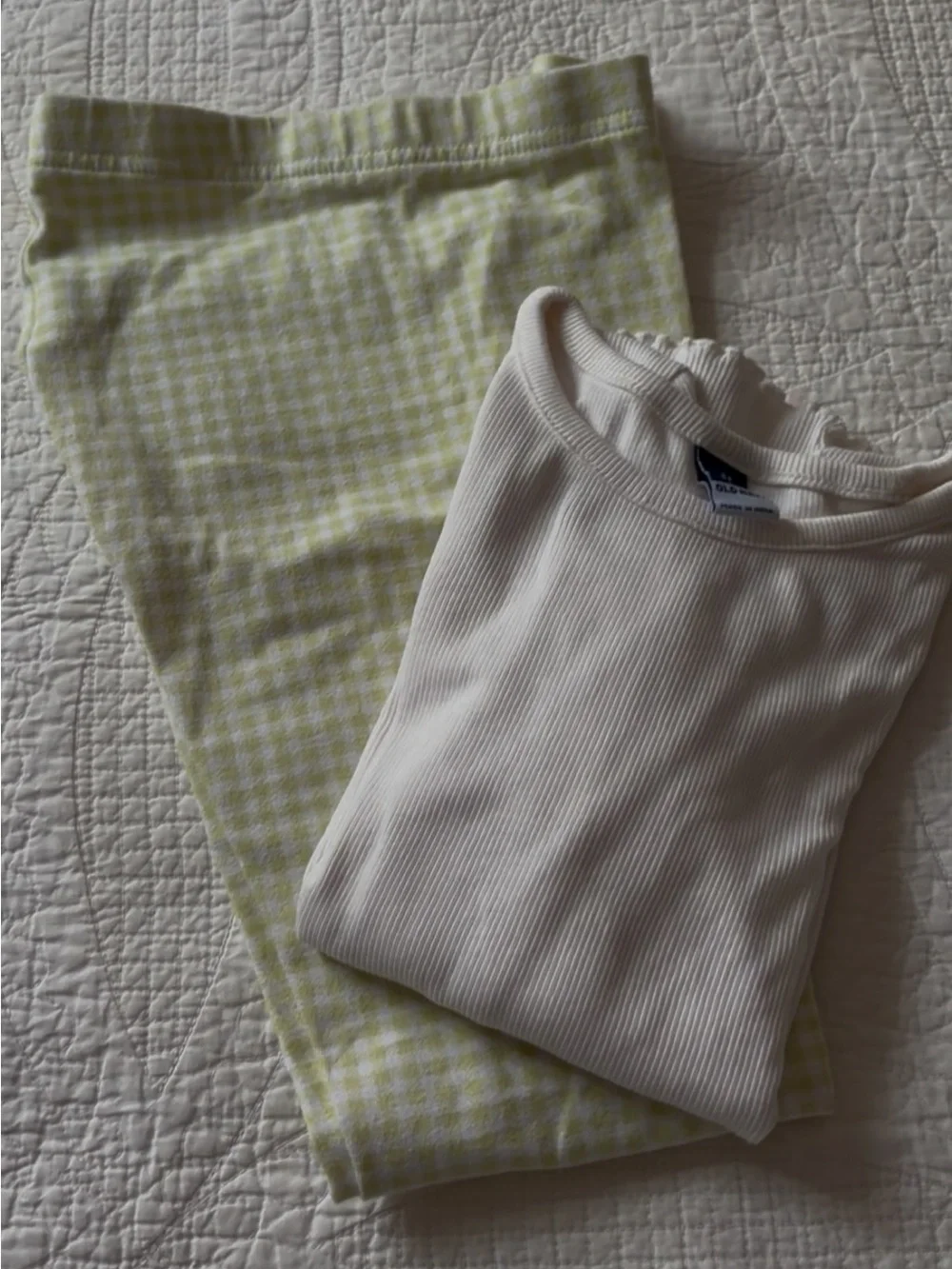 Old Navy Cream Ribbed Top with Light Green Gingham Bottoms Kids Matching Set